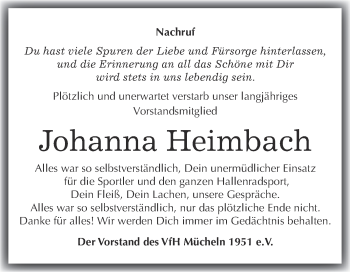 Traueranzeige von Johanna Heimbach von WVG - Wochenspiegel Merseburg