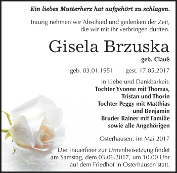 Traueranzeige von Gisela Brzuska von Mitteldeutsche Zeitung Mansfelder Land