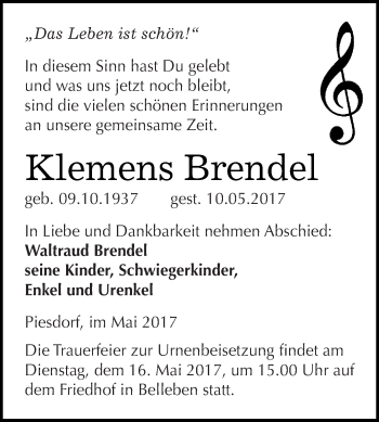 Traueranzeige von Klemens Brendel von Super Sonntag Bernburg