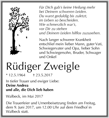 Traueranzeige von Rüdiger Zweigle von Mitteldeutsche Zeitung Mansfelder Land