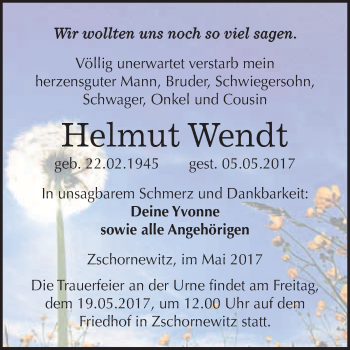Traueranzeige von Helmut Wendt von WVG - Wochenspiegel Wittenberg
