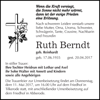 Traueranzeige von Ruth Berndt von Wochenspiegel Mansfelder Land