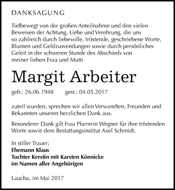 Traueranzeige von Margit Arbeiter von Mitteldeutsche Zeitung Naumburg/Nebra