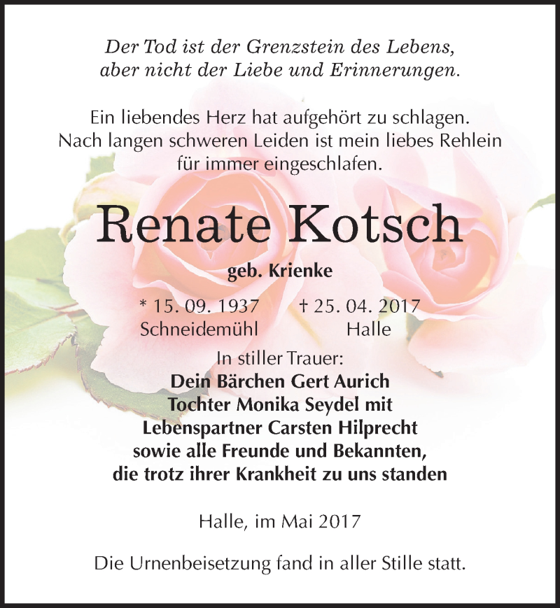  Traueranzeige für Renate Kotsch vom 27.05.2017 aus Mitteldeutsche Zeitung Halle/Saalkreis
