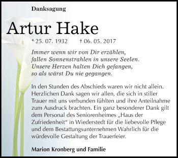 Traueranzeige von Artur Hake von Wochenspiegel Mansfelder Land