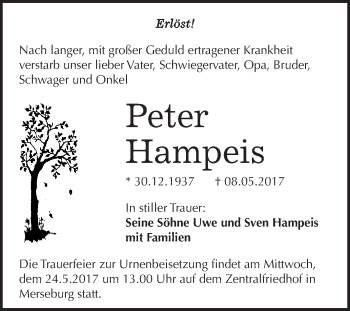 Traueranzeige von Peter Hampeis von WVG - Wochenspiegel Merseburg