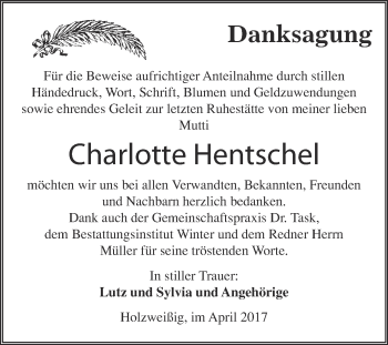 Traueranzeige von Charlotte Hentschel von WVG - Wochenspiegel Bitterfeld