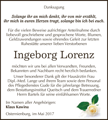 Traueranzeige von Ingeborg Lorenz von WVG - Wochenspiegel Dessau / Köthen