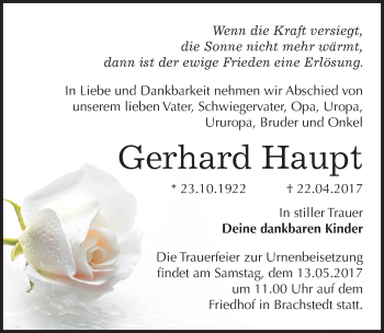 Traueranzeige von Gerhard Haupt von Mitteldeutsche Zeitung Halle/Saalkreis