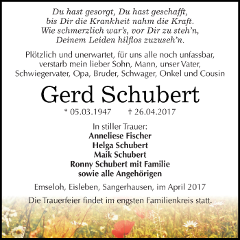 Traueranzeige von Gerd Schubert von Super Sonntag SGH Mansf. Land