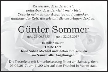 Traueranzeige von Günter Sommer von WVG - Wochenspiegel Bitterfeld