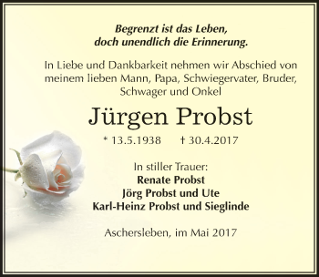 Traueranzeige von Jürgen Probst von Mitteldeutsche Zeitung Aschersleben