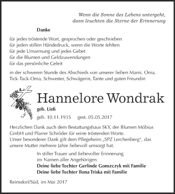 Traueranzeige von Hannelore Wondrak von Super Sonntag Wittenberg