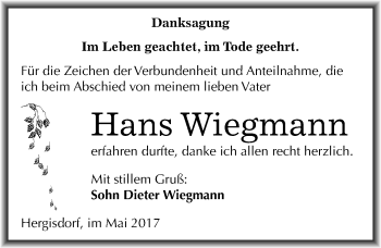 Traueranzeige von Hans Wiegmann von Mitteldeutsche Zeitung Mansfelder Land
