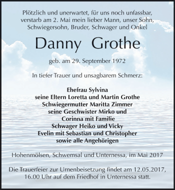 Traueranzeige von Danny Grothe von Mitteldeutsche Zeitung Weißenfels