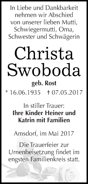 Traueranzeige von Christa Swoboda von Super Sonntag SGH Mansf. Land