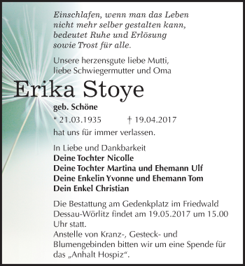 Traueranzeige von Erika Stoye von Mitteldeutsche Zeitung Dessau-Roßlau