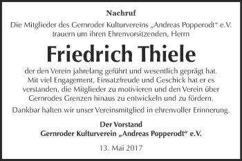 Traueranzeige von Friedrich Thiele von WVG - Wochenspiegel Quedlinburg