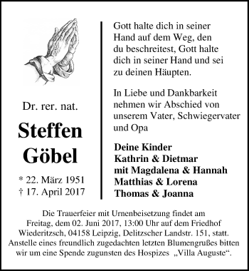 Traueranzeige von Steffen Göbel von Mitteldeutsche Zeitung Halle/Saalkreis