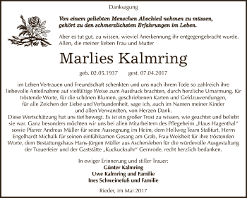 Traueranzeige von Marlies Kalmring von Super Sonntag Aschersleben