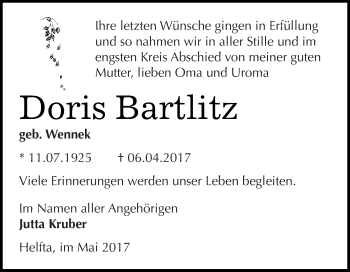 Traueranzeige von Doris Bartlitz von Wochenspiegel Mansfelder Land