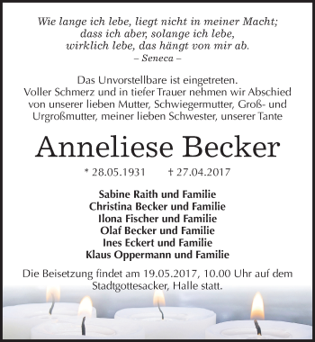 Traueranzeige von Anneliese Becker von Mitteldeutsche Zeitung Halle/Saalkreis