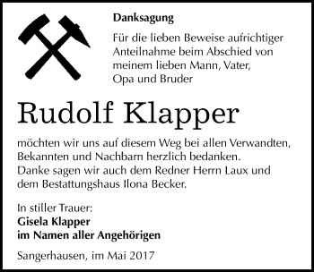 Traueranzeige von Rudolf Klapper von Mitteldeutsche Zeitung Sangerhausen