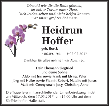 Traueranzeige von Heidrun Hoffer von Mitteldeutsche Zeitung Halle/Saalkreis