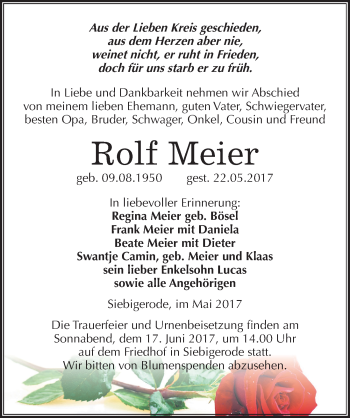 Traueranzeige von Rolf Meier von Mitteldeutsche Zeitung Mansfelder Land