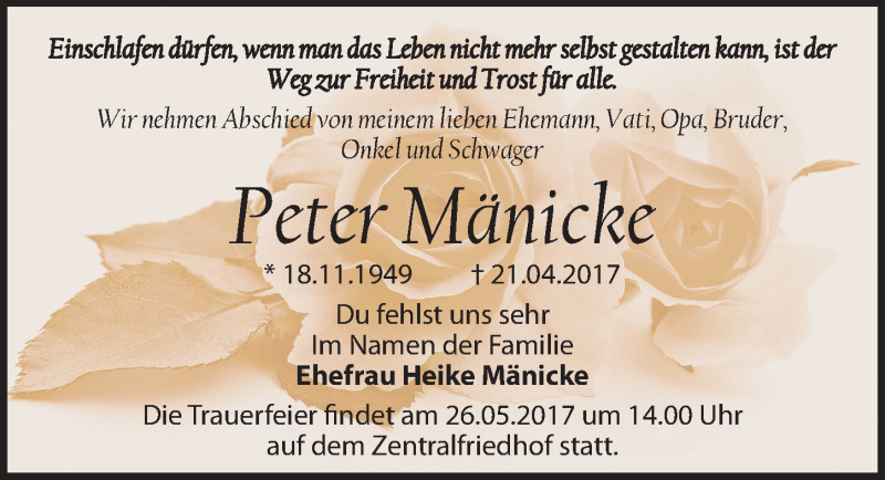  Traueranzeige für Peter Mänicke vom 03.05.2017 aus Mitteldeutsche Zeitung Dessau-Roßlau