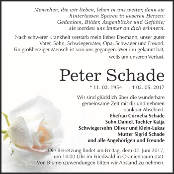Traueranzeige von Peter Schade von WVG - Wochenspiegel Wittenberg