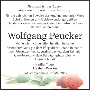 Traueranzeige von Wolfgang Peucker von WVG - Wochenspiegel Wittenberg