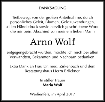 Traueranzeige von Arno Wolf von Mitteldeutsche Zeitung Weißenfels