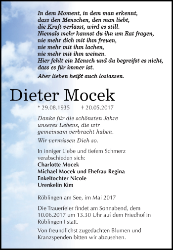 Traueranzeige von Dieter Mocek von Wochenspiegel Mansfelder Land