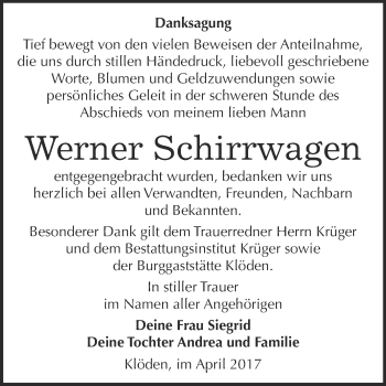 Traueranzeige von Werner Schirrwagen von WVG - Wochenspiegel Wittenberg