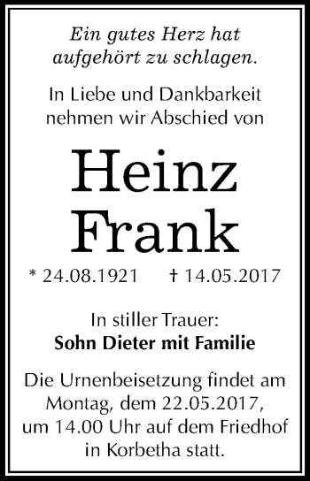 Traueranzeige von Heinz Frank von Mitteldeutsche Zeitung Merseburg/Querfurt