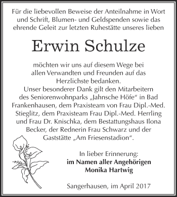 Traueranzeige von Erwin Schulze von Super Sonntag SGH Mansf. Land