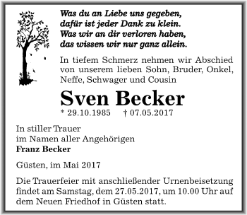 Traueranzeige von Sven Becker von Mitteldeutsche Zeitung Bernburg