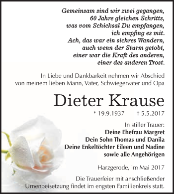 Traueranzeige von Dieter Krause von WVG - Wochenspiegel Quedlinburg