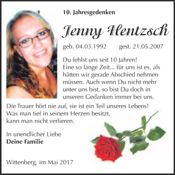 Traueranzeige von Jenny Hentzsch von Super Sonntag Wittenberg
