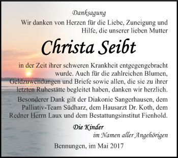 Traueranzeige von Christa Seibt von Super Sonntag SGH Mansf. Land