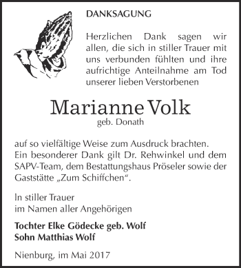 Traueranzeige von Marianne Volk von Super Sonntag Bernburg