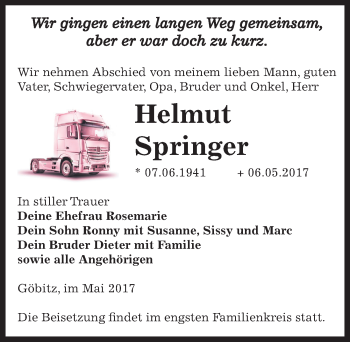 Traueranzeige von Helmut Springer von Mitteldeutsche Zeitung Zeitz