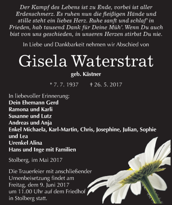 Traueranzeige von Gisela Waterstrat von Mitteldeutsche Zeitung Sangerhausen