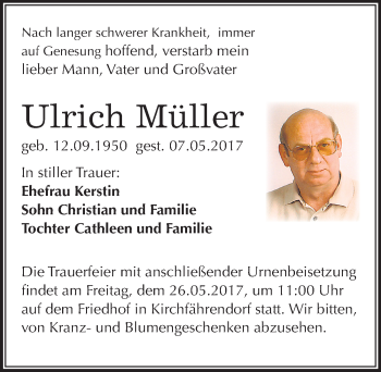 Traueranzeige von Ulrich Müller von Mitteldeutsche Zeitung Merseburg/Querfurt