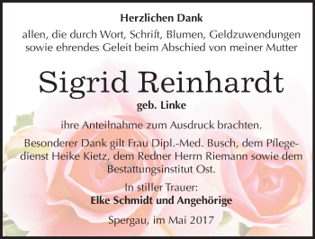Traueranzeige von Sigrid Reinhardt von Mitteldeutsche Zeitung Merseburg/Querfurt
