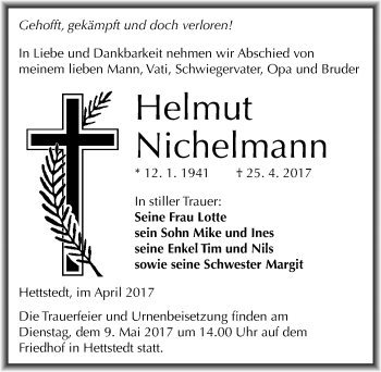 Traueranzeige von Helmut Nichelmann von Mitteldeutsche Zeitung Mansfelder Land