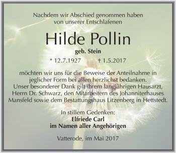 Traueranzeige von Hilde Pollin von Mitteldeutsche Zeitung Mansfelder Land