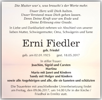 Traueranzeige von Erni Fiedler von Mitteldeutsche Zeitung Merseburg/Querfurt