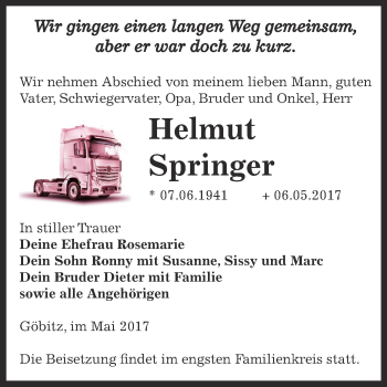 Traueranzeige von Helmut Springer von Super Sonntag Zeitz